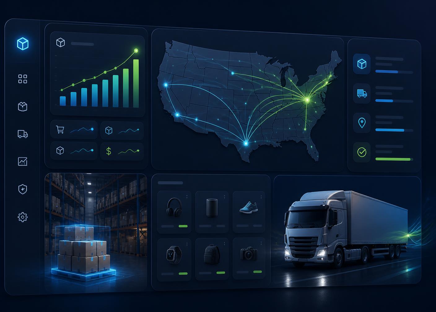 Sajid Shop warehouse dashboard showing US shipping routes, live order analytics, and same-day fulfillment